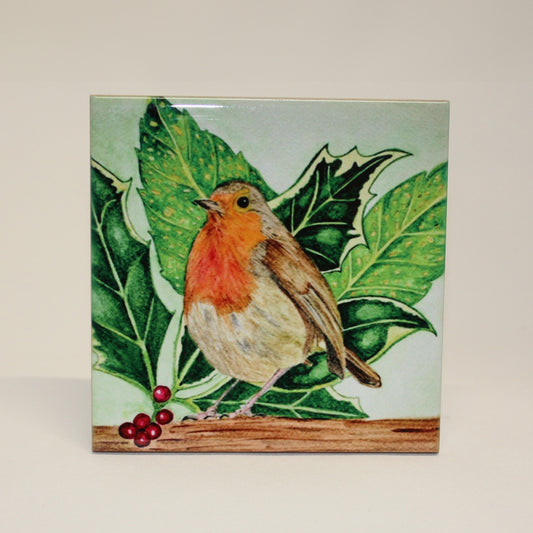 Festive Robin & Holly Glossy Ceramic Tile .