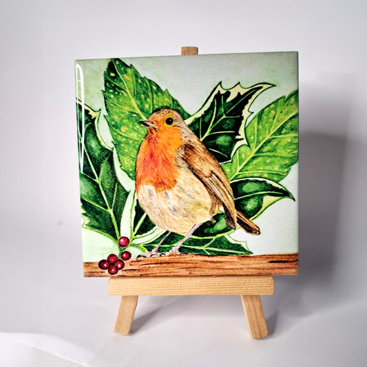 Festive Robin & Holly Glossy Ceramic Tile .