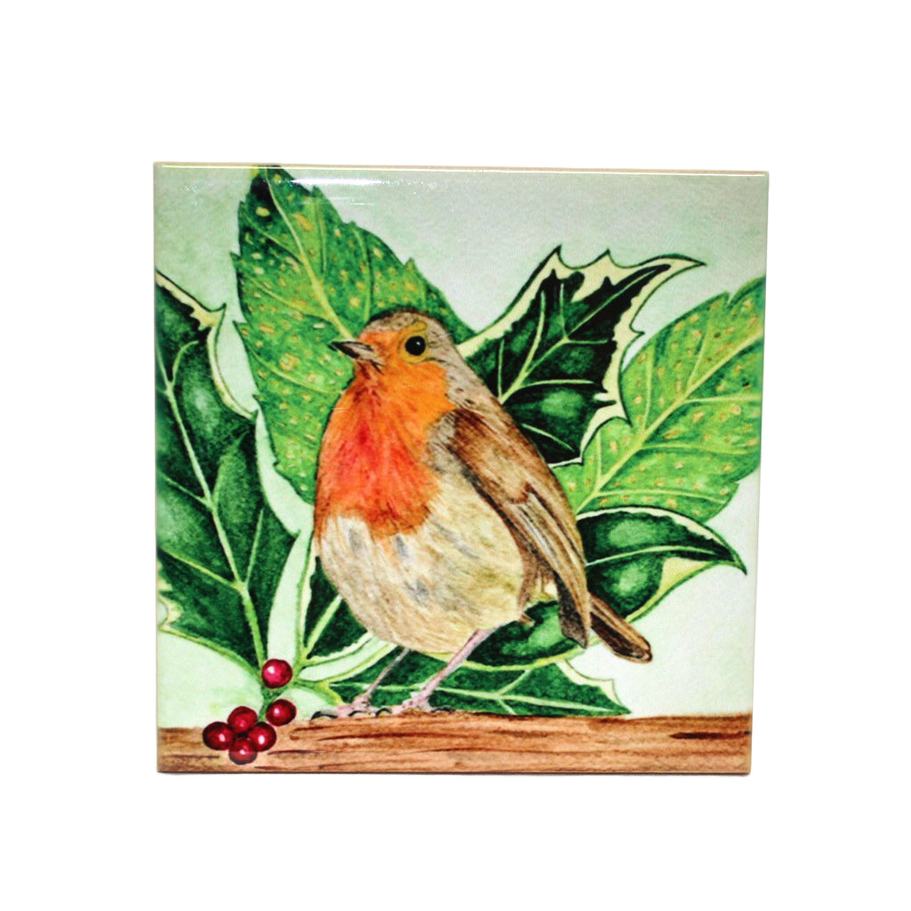 Festive Robin & Holly Glossy Ceramic Tile .